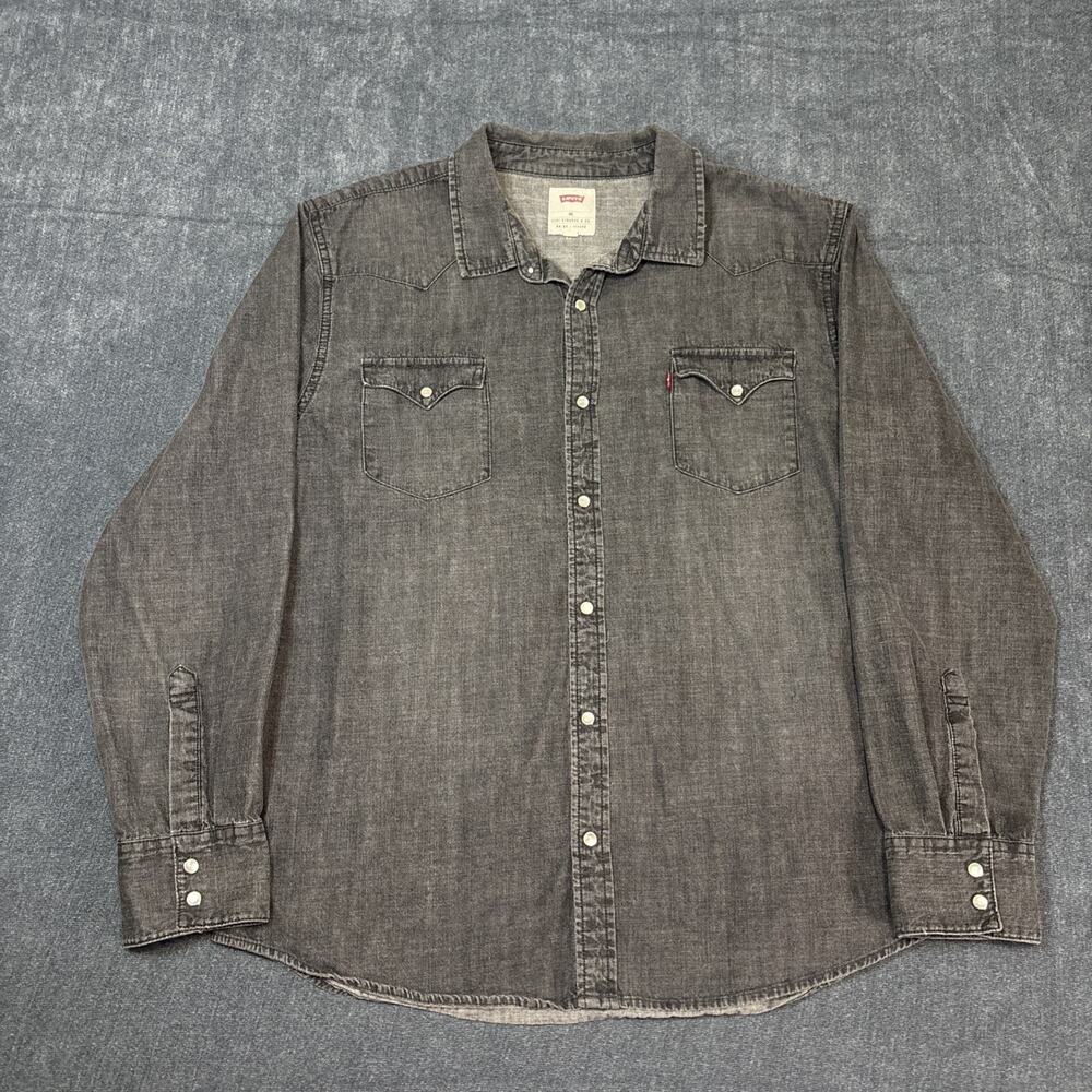 Levi's Western Shirt Mens XXL Black Denim Pearl Snap Standard Fit Long Sleeve